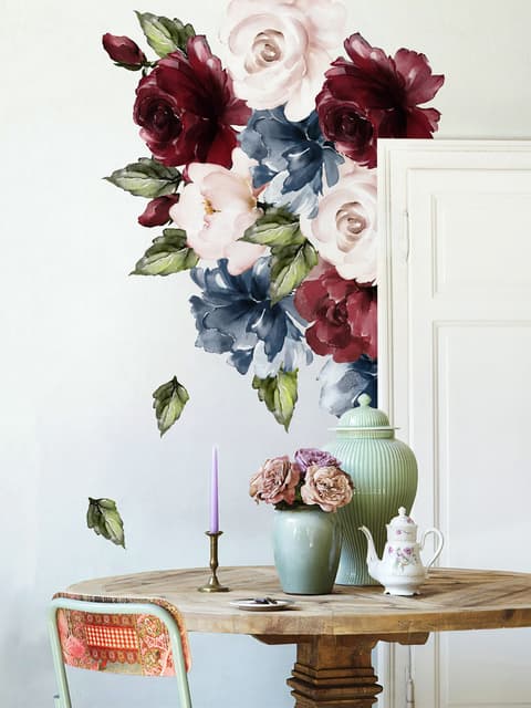 Dark Blue Red Peony Floral Bouqet Wall Decal Sticker