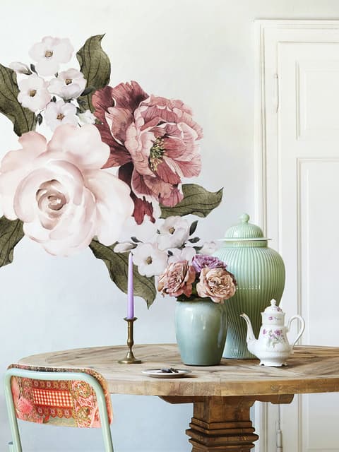 Pink Rose Red Peony Floral Bouqet Wall Decal Sticker
