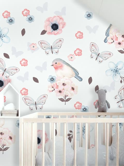 Watercolor Pink Blue Florals with Birds and Butterfly Wall Decal Sticker