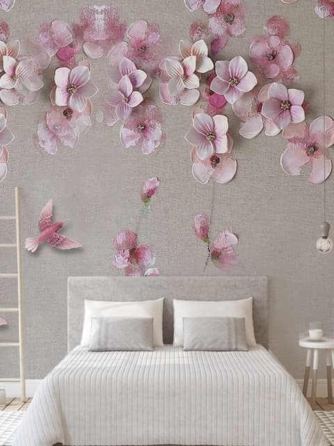 Papier peint panoramique fleurs de cerisier avec oiseaux roses