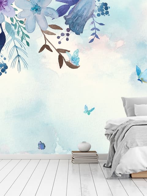 Papier peint panoramique bleu violet avec petit papillon