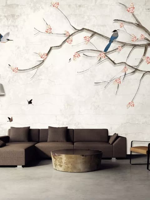 Bunte Vögel und Kirschblütenbaum Fototapete