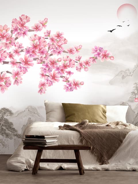 Cherry Blossom with Mountain Landscape Wallpaper Mural