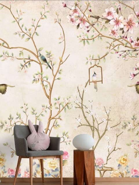 Soft Chinese Florals with Little Birds Wallpaper Mural