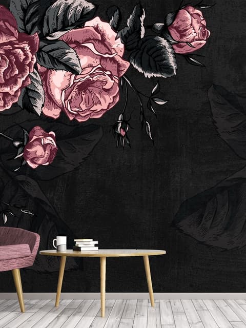 Dark Floral Peony Flower Drawing Wallpaper Mural