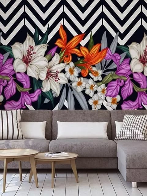 Papier peint panoramique fleurs colorées avec motif rayé noir et blanc