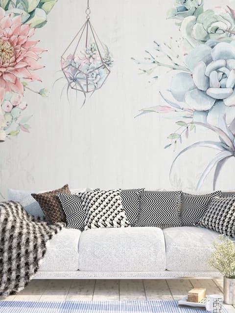 Papier peint panoramique floral rose, bleu et doux