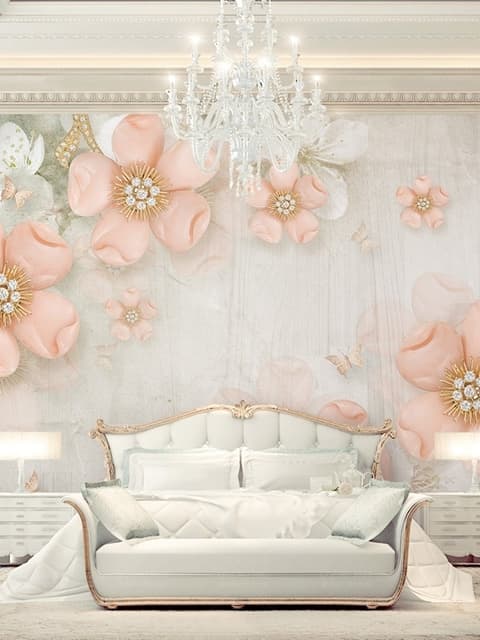 Papier peint panoramique marguerites roses diamant avec papillons