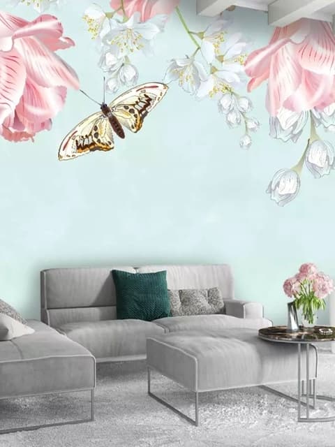 Pink Floral and Yellow Butterfly Wallpaper Mural