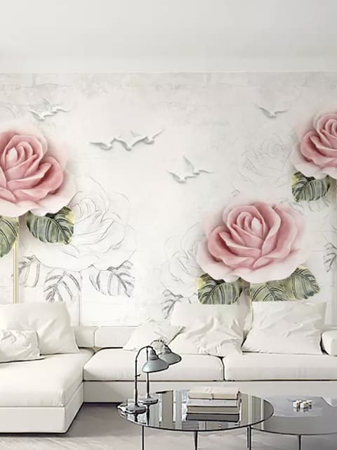Soft Pink Flower and Charcoal Drawing Roses Wallpaper Mural