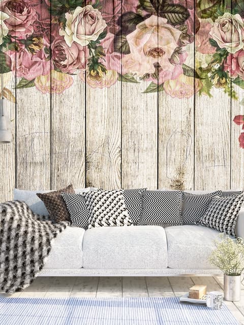 Vintage Floral with Wood Wall Wallpaper Mural
