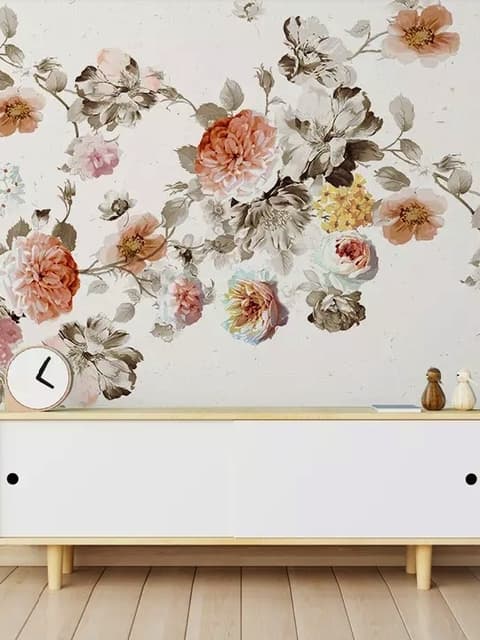 Papier peint panoramique vintage orange marron fleurs
