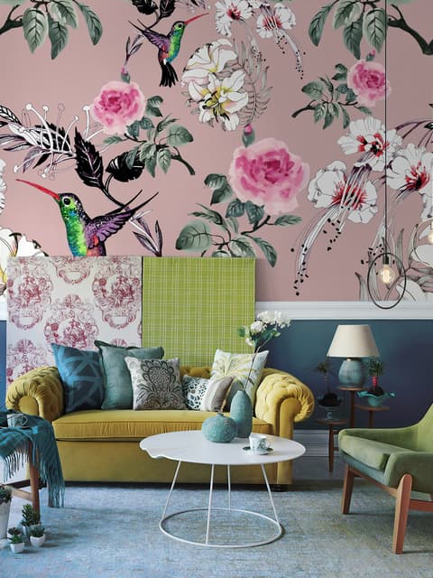 Vintage Pink Floral with Little Birds Wallpaper Mural