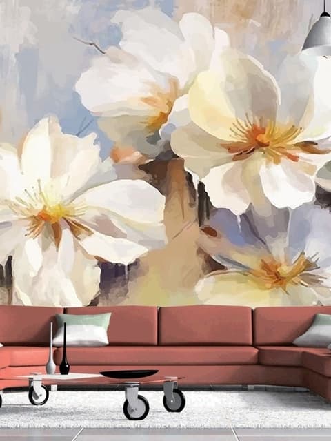 Papier peint panoramique fleurs blanches à la peinture à l'huile