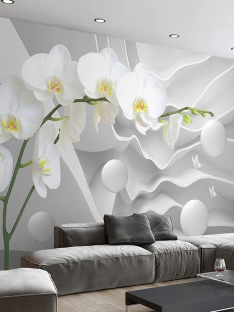 Papier peint floral d'orchidées blanches avec rayures abstraites