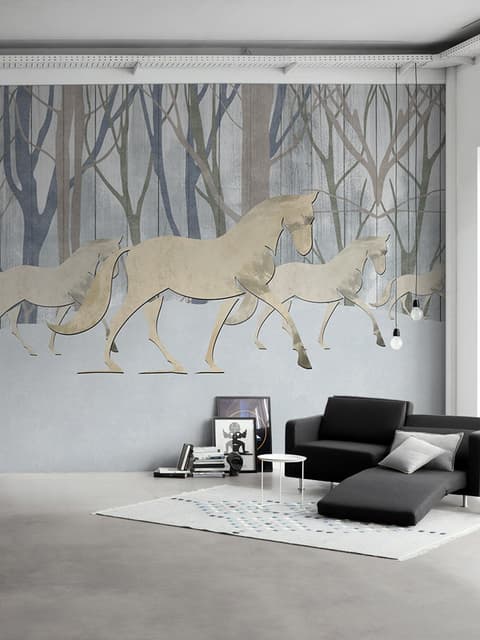 Papier peint panoramique chevaux abstraits et forêt