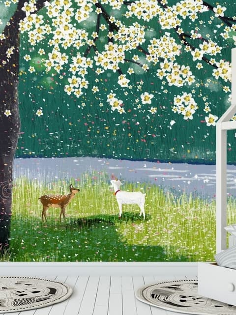 Watercolor Forest with Peach Blossom Wallpaper Mural