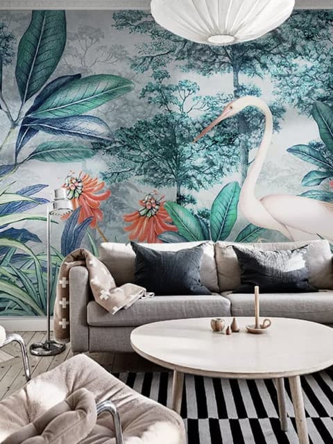 Watercolor Painting Forest and Storks Wallpaper Mural