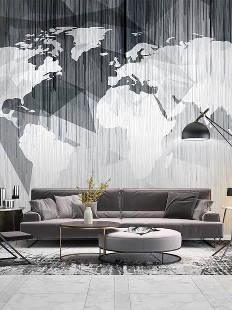 Monochrome Polygonal World Map with Abstract Lines Wallpaper Mural