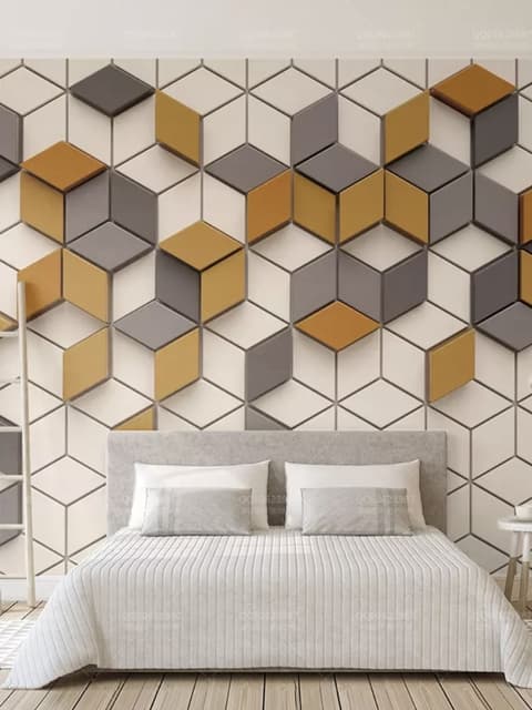 Yellow Gray Geometric Honeycomb Pattern Wallpaper Mural