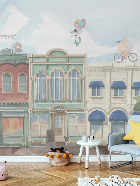 Kids Village Drawing with Cartoon Animals Wallpaper Mural
