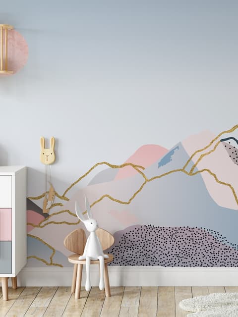 Papier Peint Panoramique Montagne Colorée avec Soleil Rose