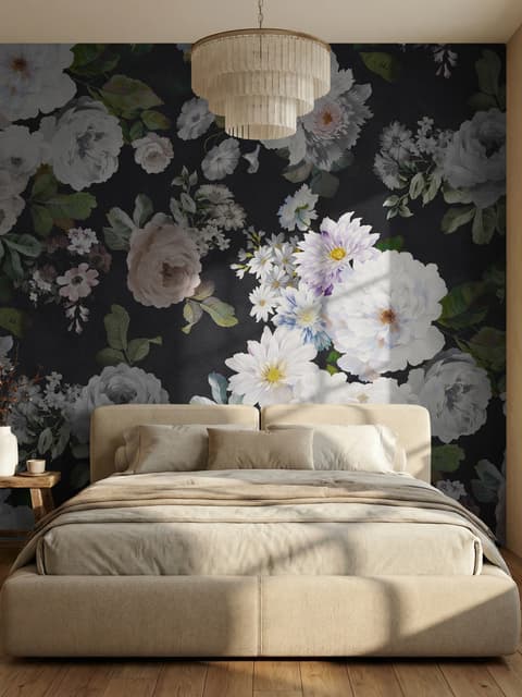 Dark Floral and White Peony Blossoms Wallpaper Mural