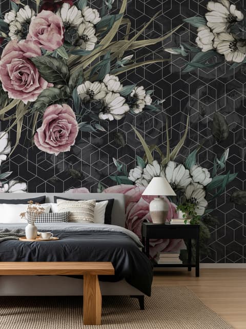 Colorful Floral with Dark Geometric Pattern Wallpaper Mural