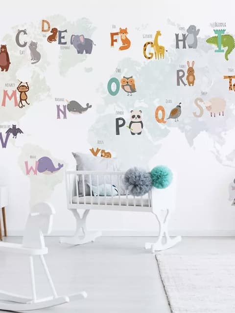 Kids Alphabet World Map with Cartoon Animals Wallpaper Mural