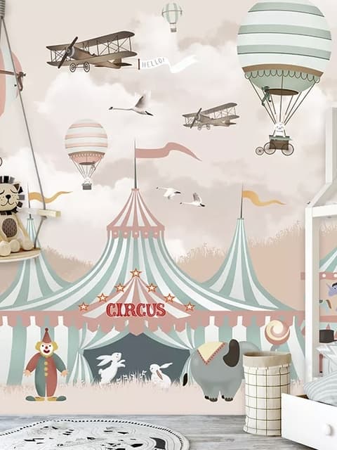 Kids Cartoon Circus with Hot Air Balloon Wallpaper Mural