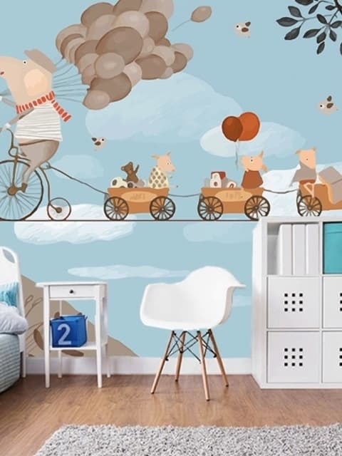 Éléphant sur un vélo avec des animaux mignons Papier peint panoramique