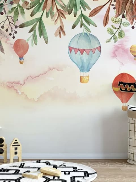 Papier peint panoramique pour enfants, montgolfière et brindilles