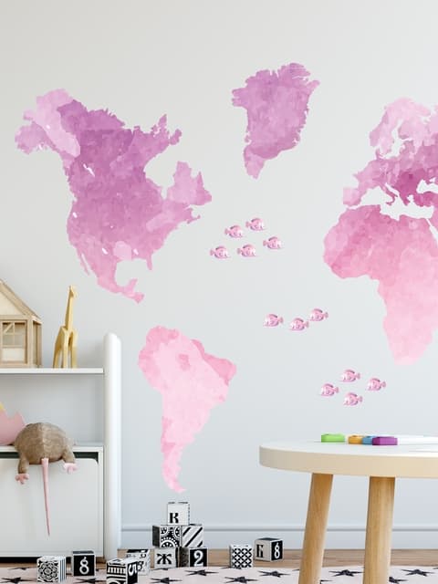 Stickers muraux cartes monde roses petits poissons enfants