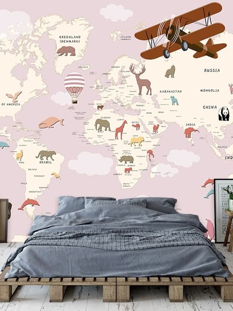 Papier peint carte monde rose avion montgolfière vintage filles enfants