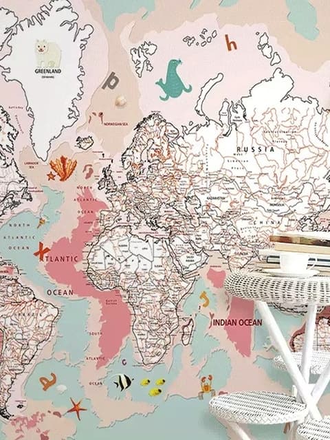 Papier peint panoramique carte politique du monde rose avec animaux