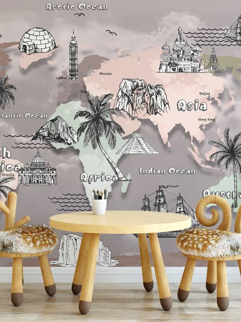 Kids World Map with Charcoal Famous Landmarks Wallpaper Mural