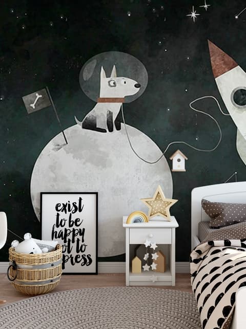 Papier peint chien spatiale pour enfants avec lune et fusées