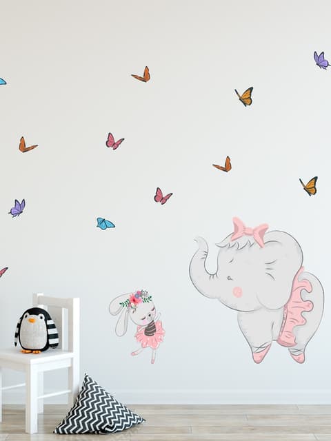 Kids Pink Ballerine Elephant and Bunny with Little Butterflies Wall Decal Sticker