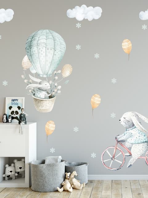 Kinder Cartoon Hase mit Ballons und Schneeflocken Wandtattoo