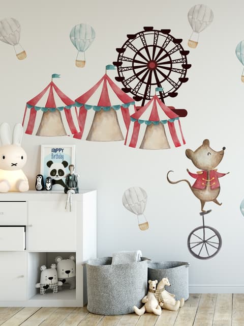 Kids Watercolor Circus Amusement Park with Little Hot Air Balloon Wall Decal Sticker