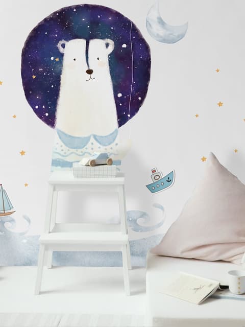 Kids Cute White Bear with Watercolor Moon and Yellow Stars Wall Decal Sticker