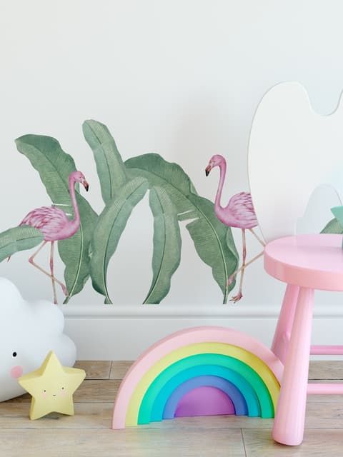 Kinder Pink Flamingo und Grüne Bananenblätter Wandtattoo