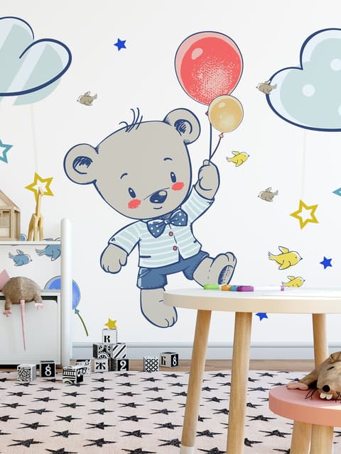 Stickers muraux ours volant étoiles colorées ciel cartoon enfants
