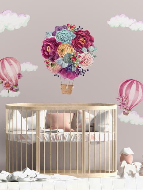 Colorful Floral Bouqet Hot Air Balloon and Pink Clouds Wall Decal Sticker