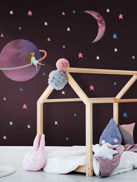 Colorful Space with Cute Little Girl on the Saturn Rings and Pink Moon Wall Decal Sticker