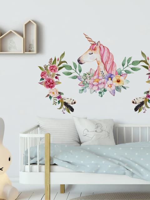 Kinder Pinkes Einhorn mit Bunten Blumen Wandtattoo