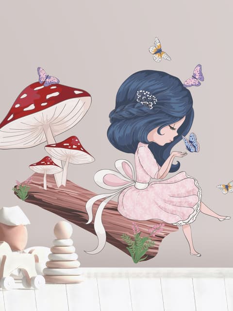 Cute Little Girl in the Forest with Colorful Butterfly Wall Decal Sticker