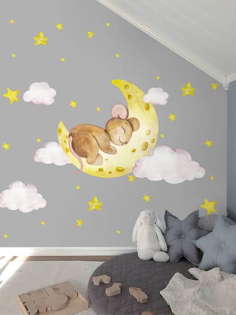 Kids Cute Mouse on the Crescent Moon and Watercolor Yellow Stars Wall Decal Sticker