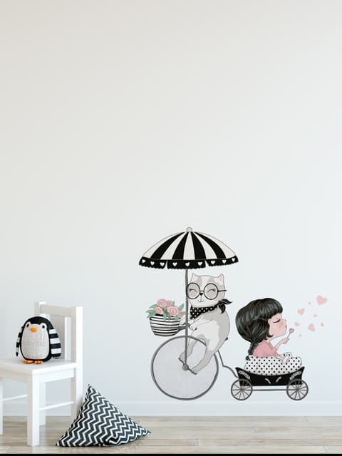 Cute Cat and Beautiful Girl Riding the Bike Wall Decal Sticker