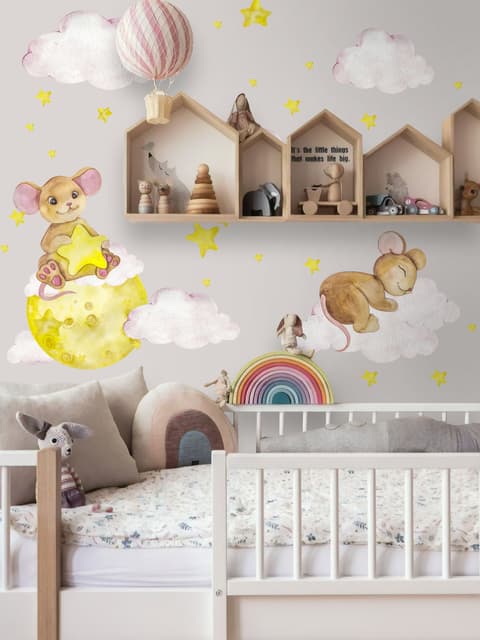 Kids Watercolor Mouse on the Yellow Moon with Little Stars Wall Decal Sticker